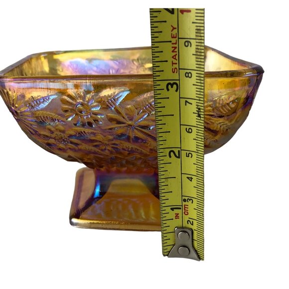 Vintage Iridescent Gold Carnival Glass Diamond Shaped Footed Candy Dish Floral - Picture 10 of 16